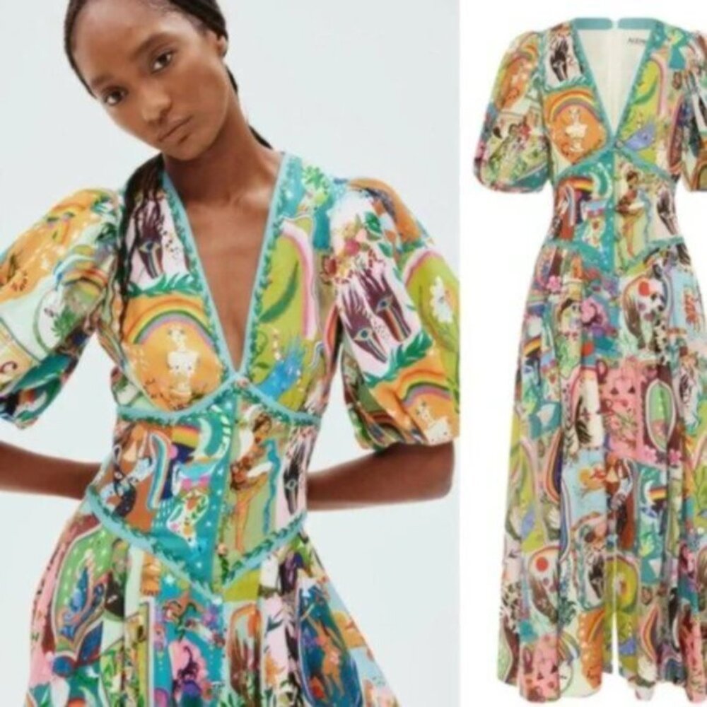 Green Art Puff Sleeve Corset Linen Abstract Floral A- Line Midi Dress XL - Picture 10 of 16